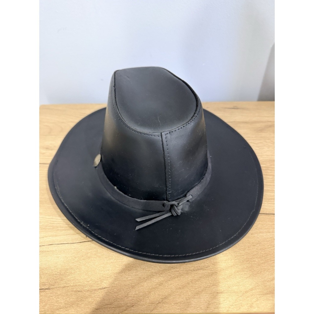 HENSCHEL HAT CO USA Black‎ LEATHER COWBOY HAT Western Rodeo Sun Wide Brim MEDIUM - Picture 4 of 7